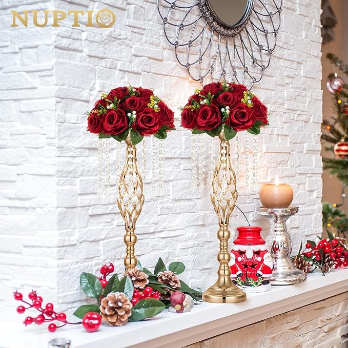 NUPTIO Flower Wedding Centrepieces for Tables - 2 Pcs 9.5in Diameter Crimson Artificial Flowers Rose Ball for Centerpieces Table - Fake Rose Arrangements for Weddings Birthday Party Decor