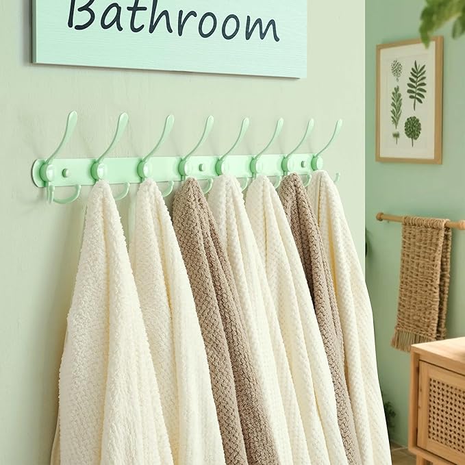 Dseap Coat Rack Wall Mount - 29.5” Long 8-Tri-Hooks Heavy Duty Coat Hanger Rail Wall Hooks for Hanging Coats Hats Clothing Clothes Purse Mudroom Entryway, Green, Pack of 2