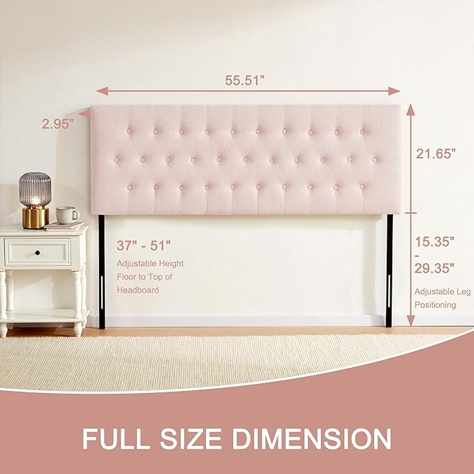 Tufted Upholstered Headboard Full Size, Solid Wood Head Board with Durable Metal Legs, Adjustable Height Bed headboard from 37” to 51” Fabric Headboard in Modern Button Design, Pink
