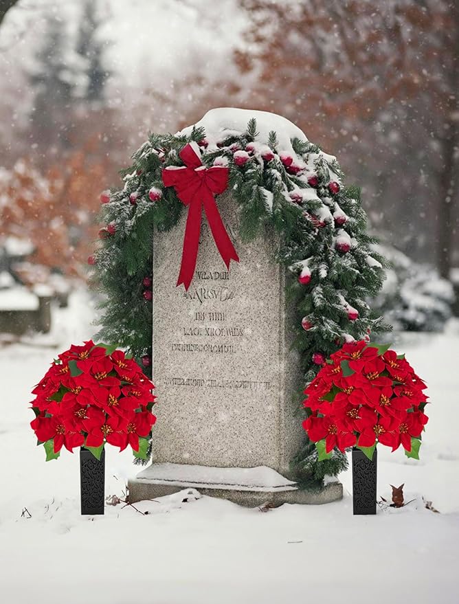 Christmas Cemetery Flowers for Grave: 2 Pcs Artificial 24 Heads Large Red Velvet Poinsettia Bouquets with Vases for Outdoor Grave Decorations