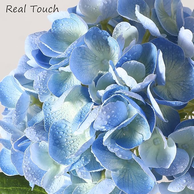 Nubry 22.44In Blue Hydrangea Artificial Flowers, 3Pcs Latex Faux Real Touch Large Hydrangea Flowers with Long Stems & Leaves for Home Office Decor Wedding Party Arrangements(Blue)