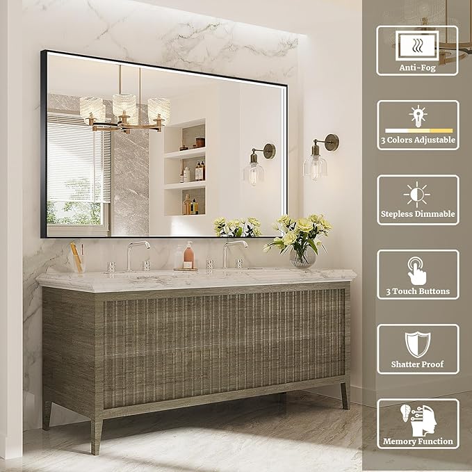 60x36 Inch LED Bathroom Mirror, Black Metal Framed Lighted Mirror for Bathroom, Wall Mouted LED Vanity Mirror with Lights, 3 Colors and Stepless Dimmable, Anti-Fog, Memory