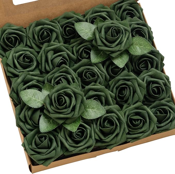 Ling’s Moment Artificial Flowers 50Pcs Emerald Green Roses Decor w/Stems,3" Real Touch DIY Foam Floral for Wedding Bouquet/Centerpieces, Outdoors Party Backdrop, Room/Table, and Garden/Pot Decorations