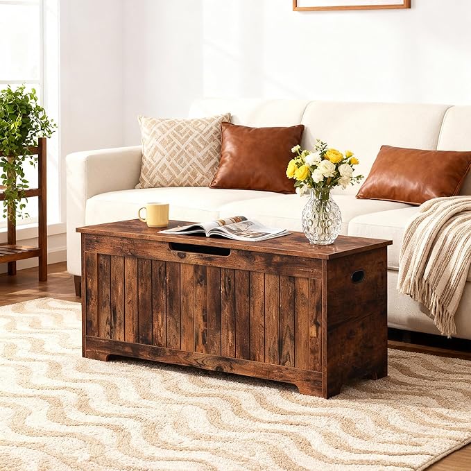 Wooden Storage Chest Box with Flip-top Lid & Safety Hinge, 39.4 Inch Living Room Organizer, Bedroom Bench, Rustic Brown