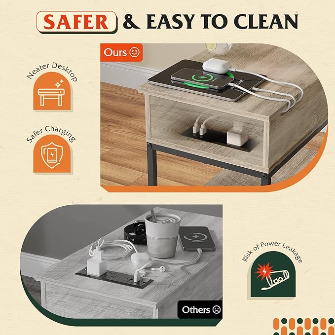 WLIVE Narrow Side Table with 2 USB Ports and 2 Outlets, Flip Top End Table with Drawer and Storage Shelves, Small Nightstand with Charging Station for Living Room/Bedroom, Greige