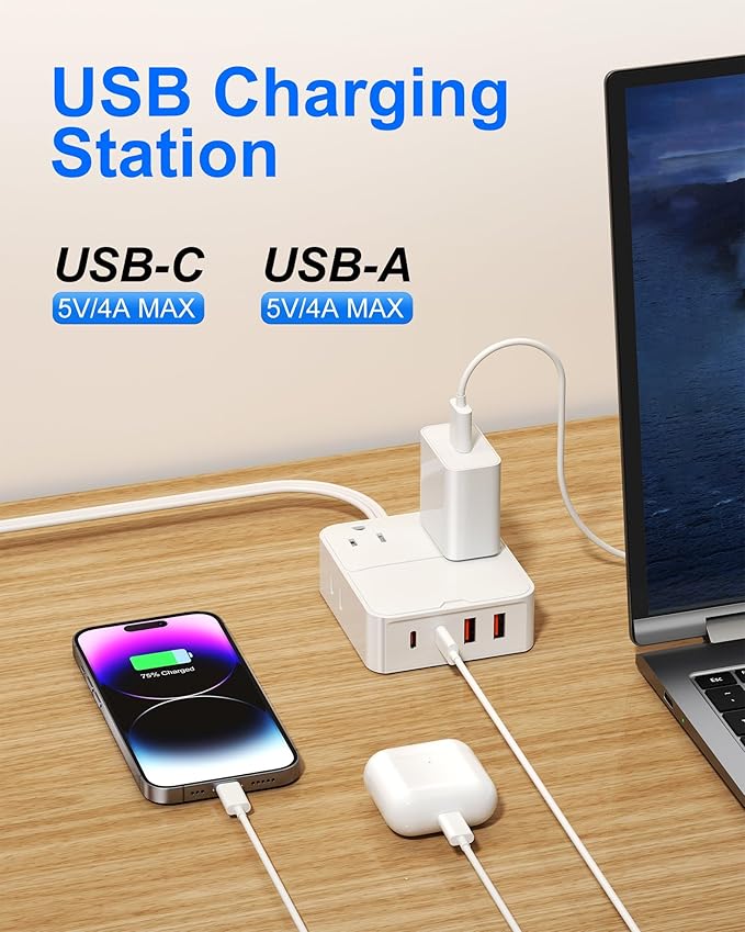 Power Strip Flat Plug with 4 AC Outlets 4 USB Ports (20W), Surge Protector Charging Station with Overload Protection, 6Ft Flat Plug Extension Cord, Fast Charging for Office Dorm Room (White)