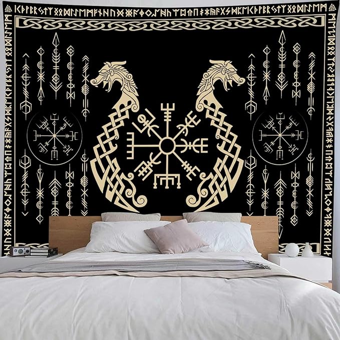 OSUNBD Nordic Vikings Tapestry, Small 7047 inches Soft Flannel, Vegvsir Symbol Twins Dragons Celtic Rune Scandinavian Aesthetic Mythology Tapestry Wall Hanging for Bedroom Living Room Decor