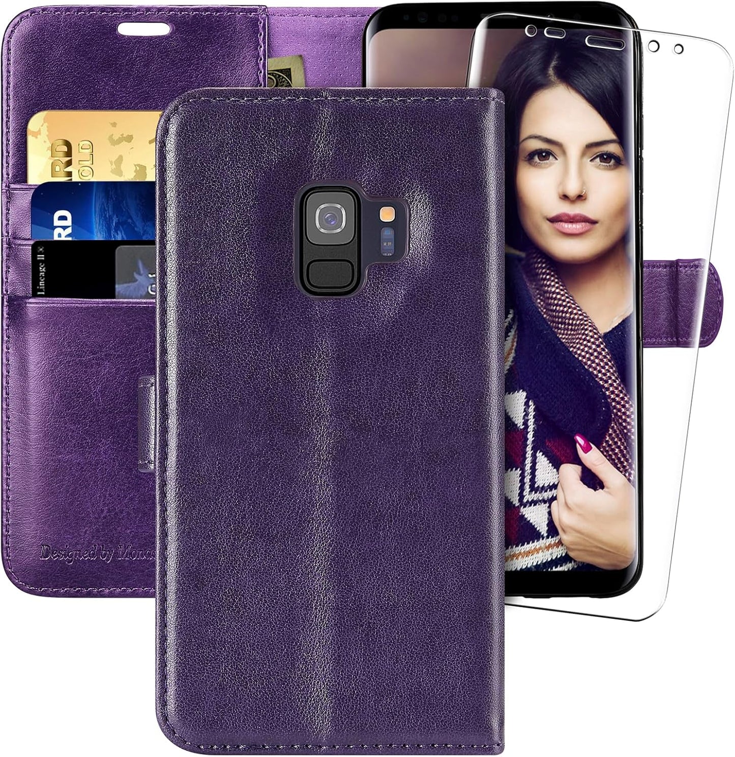 MONASAY Wallet Case for Galaxy S9, 5.8-inch, RFID Blocking, Flip Folio Leather Cell Phone Cover with Credit Card Holder