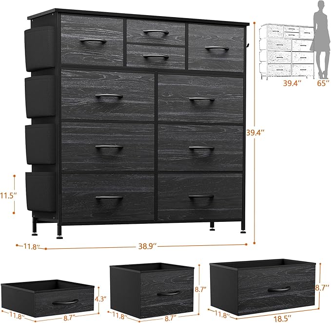 Dresser for Bedroom with 10 Drawers, Chest of Drawers with Side Pockets, Hooks, Wooden Top and Sturdy Metal Frame, Fabric Dresser Drawers for Living Room, Hallway (Black Wood Veins)