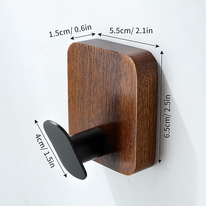 DELITON Wooden Wall Hooks, 4 Pack Acacia Adhesive Towel Hooks Sticky on Bathrooms, Kitchen, Entryway, Heavy Duty, Wall Decor