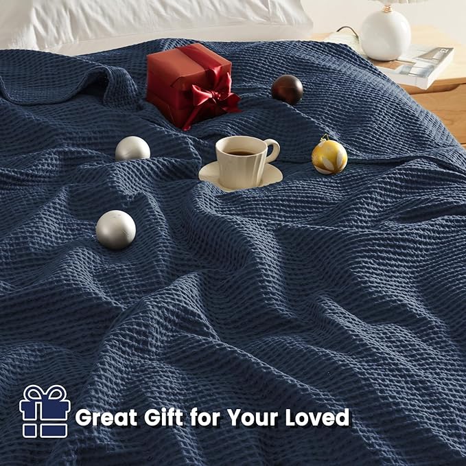 PHF Pre-Washed Cotton Waffle Weave Family Blanket,Oversized King Size 120"x 120"-Snag Proof Lightweight Breathable, 10'x 10' Huge Extra Large Big-Elegant Aesthetic Home Decoration Gift,Dark Navy