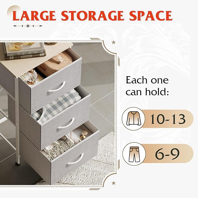 WLIVE Nightstand with 3 Drawers, Fabric Dresser, Organizer Unit, Storage Dresser for Bedroom, Hallway, Entryway, Closets, Sturdy Steel Frame, Wood Top, Easy Pull Handle, Light Grey