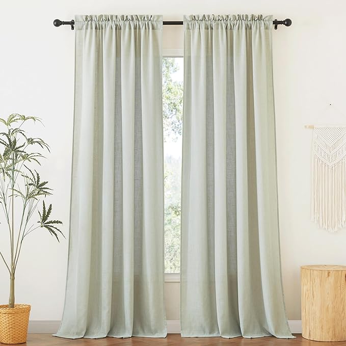 RYB HOME Thick Linen Curtains Light Filtering Privacy for Living Room Bedroom, Vertical Soft 95 Inches Long Window Treatments Kitchen Laundry Room, W 34 x L 95 inches, Sage Green, 2 Panels Set