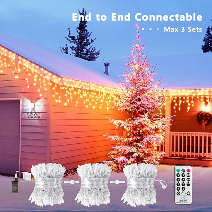 Brizled Icicle Lights Warm White, 29ft 360 LED Christmas Icicle Lights, 8 Modes Christmas Light with 60 Drops, Connectable Xmas Drop Lighting with Remote for Indoor Outdoor Christmas Wedding Holiday