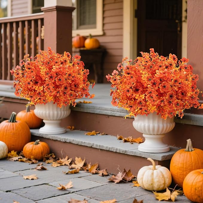 2 Pack 24" Artificial Fall Flowers Boxwood Topiary Ball Trees w/Ground Spike, UV Resistant Autumn Faux Orange Shrubs Bushes Boxwood Plant for Front Door Porch Patio Balcony Garden Yard Outdoor Decor
