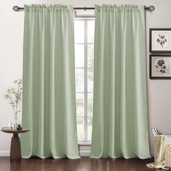 RYB HOME Linen Sheer Curtains and Drapes for Living Room and Dining Room 102 inches Length, Breathable Weave Textured/Rod Pocket Semi Sheer Curtains, Sage Green, W 52 x L 102 inches, 2 Panels Set