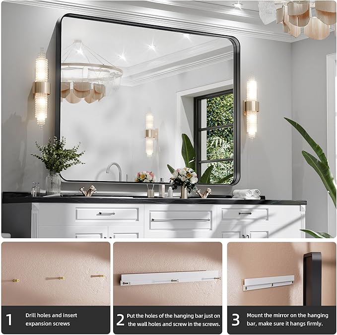 Hasipu Black Bathroom Wall-Mounted Mirror 50x40 Inch Rounded Rectangle Vanity Mirror Metal Framed Wall Mirrors Anti-Rust Surface Mount Over Sink (Hangs Horizontal or Vertical)