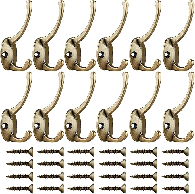 IBosins 12 Pack Antique Brass Coat Hooks Wall Mounted with 24 Screws Retro Double Hooks Utility Antique Brass Hooks for Coat, Scarf, Bag, Towel, Key, Cap, Cup, Hat