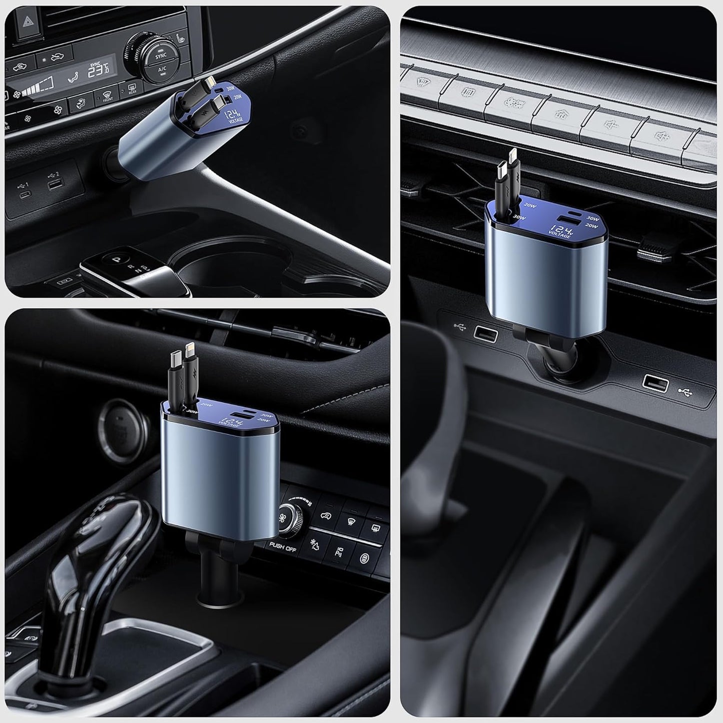 GUSGU 100W Retractable Car Charger, 4-in-1 Fast Charger with 2.6ft Cord, Lightning and USB-C Adapters