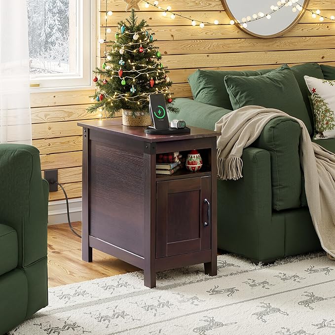 WLIVE End Table with Charging Station, Narrow Side Table for Living Room, Farmhouse Night Stand with Storage, Small Wooden Cabinet with USB Ports and Outlets for Living Room and Bedroom, Espresso