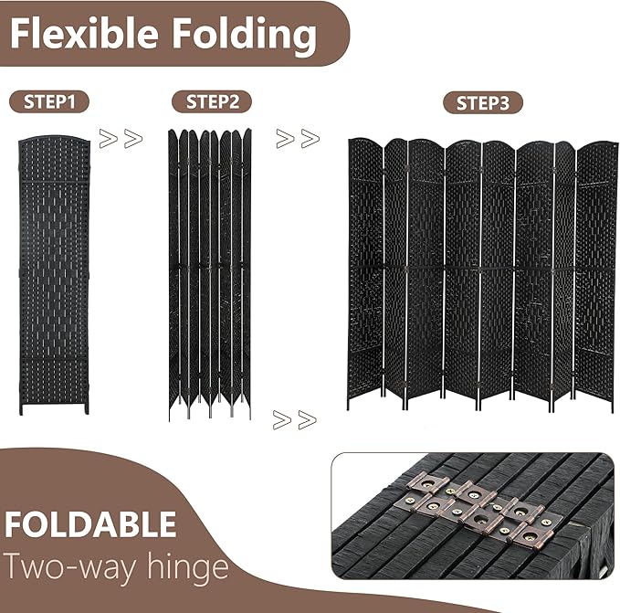 Room Divider 8 Panel Folding Privacy Divider 6 Ft Indoor Wall Divider Portable Partition Wood Screen, Black