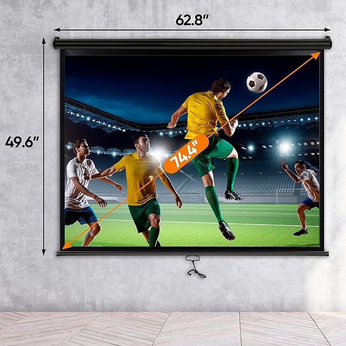 72in Projection Screen Outdoor Indoor 4:3 HD Foldable Manual Pull Down Projector Screen for Movie Home Backyard Theater Cinema Office Video Game, Black