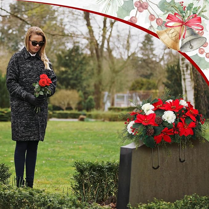 Christmas Cemetery Decorations for Grave Headstone Flower Saddle Artificial Flower Saddles Red Poinsettia Outdoor Memorial Headstone Realistic Bouquet(Red and White,Elegant Style)