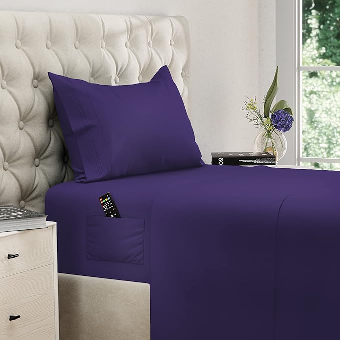 DREAMCARE Twin XL Sheet Sets – 3pcs Cooling Sheets – up to 15” Deep Pocket Twin XL Sheets Set – Hotel Luxury Sheets & Pillowcases – Superior Softness 100% Fine Microfiber with Side Pocket – Purple
