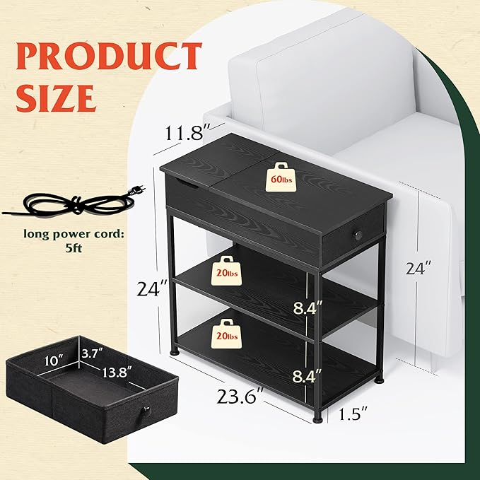 WLIVE Narrow Side Table with 2 USB Ports and 2 Outlets, Flip Top End Table with Drawer and Storage Shelves, Small Nightstand with Charging Station for Living Room/Bedroom, Black