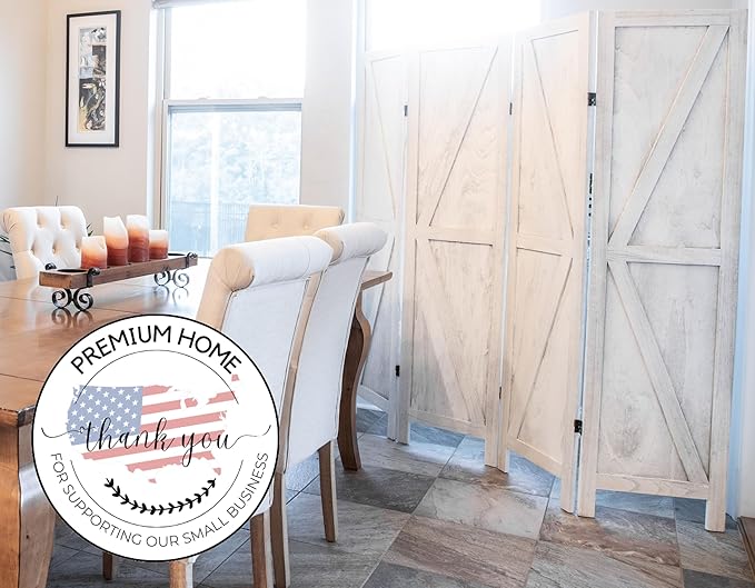 Premium Home 4-Panel Room Divider – Rustic White Barn Door, K Pattern Folding Privacy Screen, Partition Wall