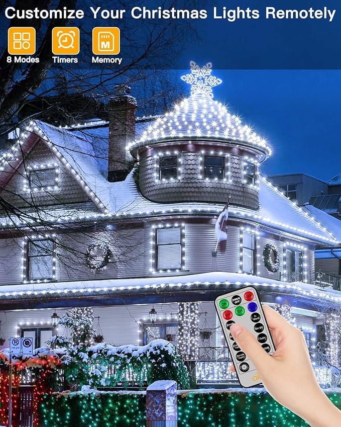 Ollny Outdoor Christmas Lights 1000LED 328FT, Cool White Fairy Lights IP67 Waterproof, Plug in String Light with Remote 8 Modes Timer, Xmas Light for Outside Indoor House Tree Decorations