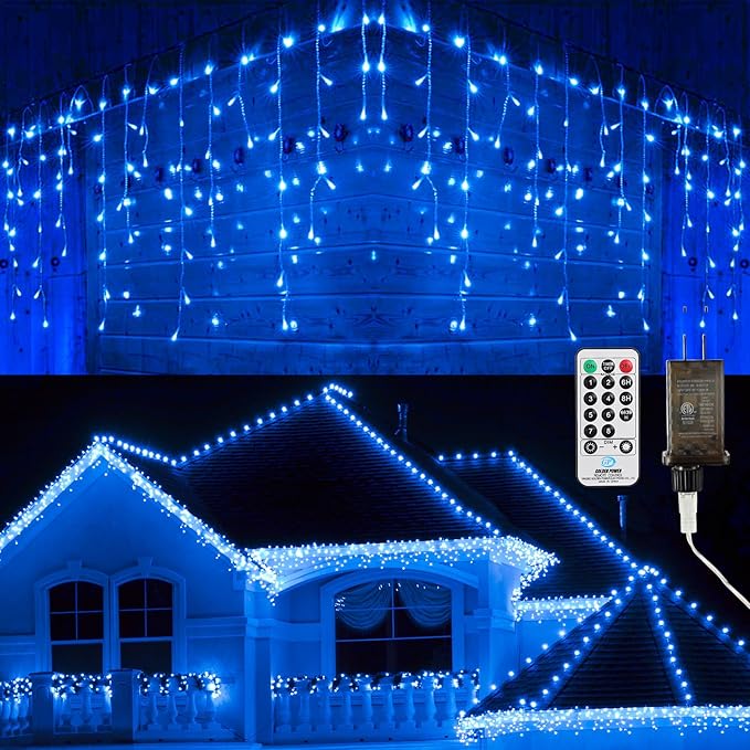 Brizled Blue Icicle Lights, 29ft 360 LED Christmas Icicle Lights with Remote, 8 Modes Christmas Roof Light with 60 Drops, Connectable Xmas Eave Light Outdoor Drop Lighting for Xmas Wedding Holiday