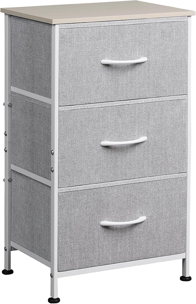 WLIVE Nightstand with 3 Drawers, Fabric Dresser, Organizer Unit, Storage Dresser for Bedroom, Hallway, Entryway, Closets, Sturdy Steel Frame, Wood Top, Easy Pull Handle, Light Grey
