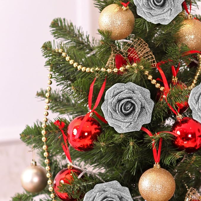 MACTING 30PCS Artificial Glitter Roses Real Looking Fake Flowers with Stem Foam Roses for Wedding Bouquet Centerpieces Party Wreath Home Spring Mothers Day Easter Decorations(Silver)
