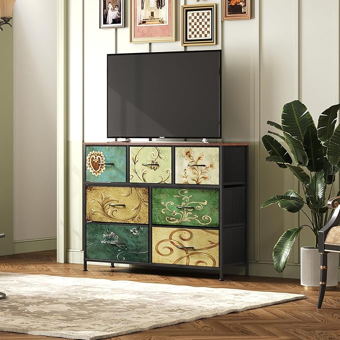 WLIVE 7 Drawer Dresser TV Stand, Entertainment Center, Media Console Table with Metal Frame and Wood Top for TV up to 45 inch, Chest of Drawers for Bedroom, Living Room, Floral Painted