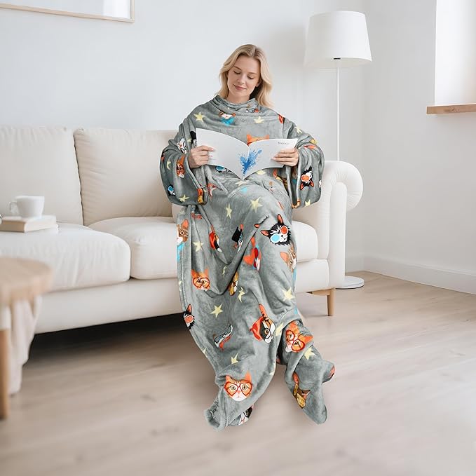 Catalonia Cat & Dog Print Wearable Blanket with Sleeves and Foot Pocket – Ultra-Soft Warm Fleece Long Throw Snuggly Blanket for Sleeping & TV Time – Cozy Christmas Gift for Women & Men