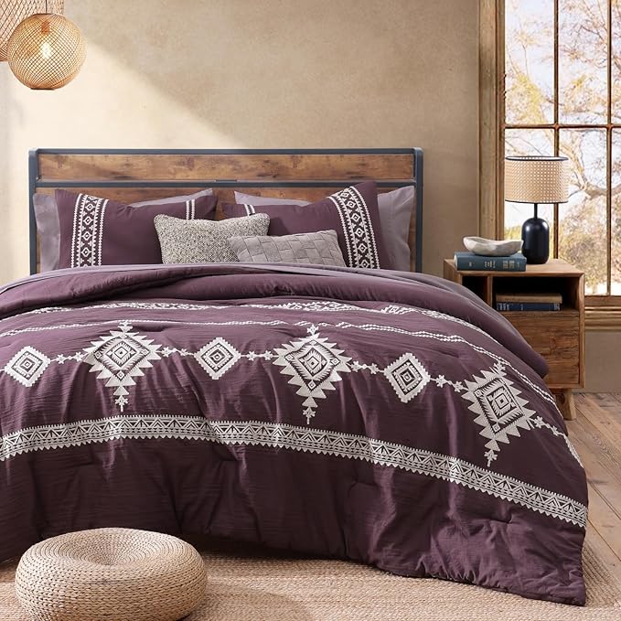 MaiRêve Embroidery Queen Size Comforter Set Purple, Boho Farmhouse Western Bedding Set 7 Pieces, All Season Bed in A Bag Comforter Set with Sheets, Pillowcases & Shams