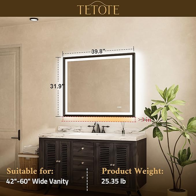 TETOTE Gold LED Bathroom Mirror with Lights 40x32 Front & Back Light Vanity Framed Mirror Baroque Anti Fog Dimmable White/Warm/Natural,CRI90+,Waterproof,Wall Mounted(Horizontal/Vertical)