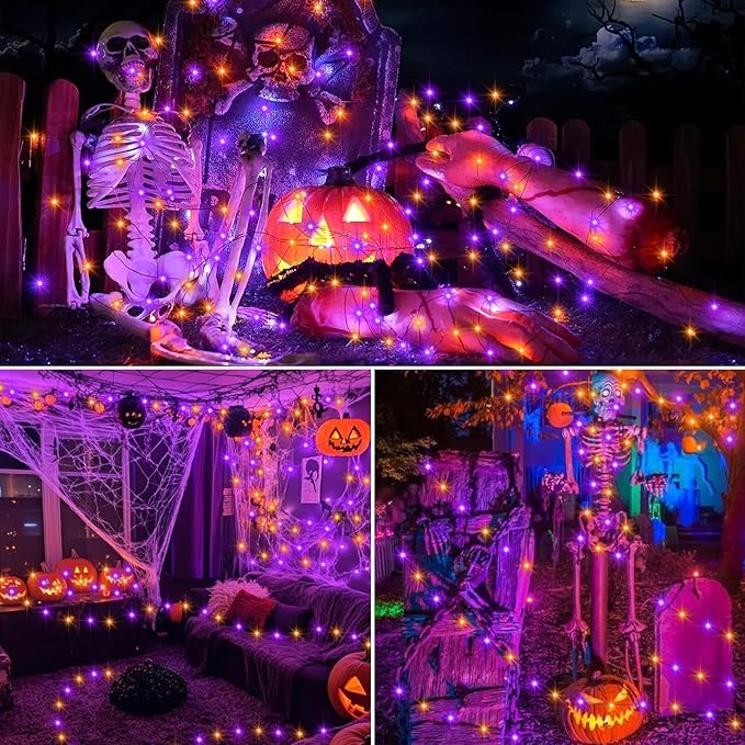 Purple Orange Halloween Timer Fairy Lights Battery Operated 4 Pack 16.4Ft 50 LED Black Wire Twinkle Lights with Timer 5 Modes for Halloween Indoor Outdoor Party Decoration