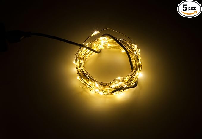 Karlling USB Plug in LED Fairy Lights,5 Packs of 50 LED Bulbs 16 Ft Silver Wire Starry String Lights for Bedroom Patio Garden Party Wedding Commercial Lighting (Warm White)