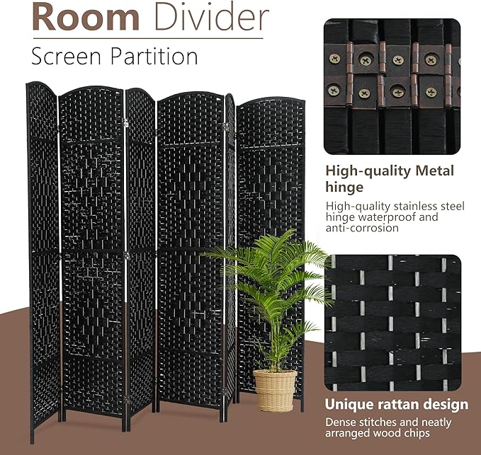 Room Divider 6 Panel Folding Privacy Divider 6 Ft Indoor Wall Divider Portable Partition Wood Screen, Black