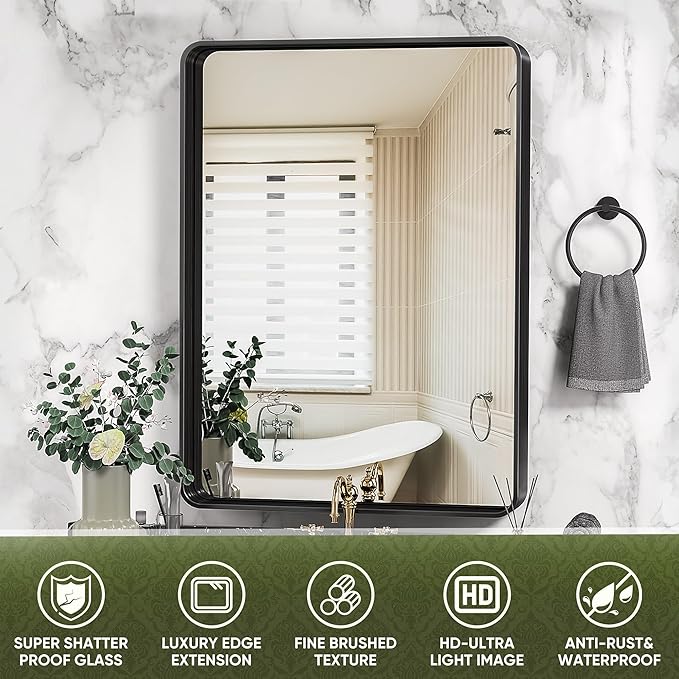 Suidia Bathroom Mirror, 30" x 22" Wall Mirror Metal Framed, Bathroom Vanity Mirror for Living Room Bedroom Bathroom Entryway, Black, Rounded Corner Style