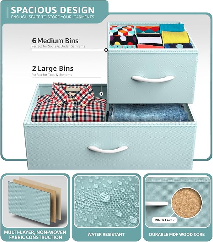 Sorbus Kids Dresser with 8 Drawers - Chest Organizer Unit with Steel Frame Wood Top & Handle, Fabric Bins for Clothes - Wide Furniture for Bedroom Hallway Kids Room Nursery & Closet