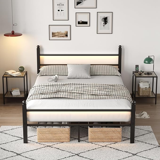 Queen Bed Frame with Headboard and Footboard, Metal Bed Frame with Charging Station and LED Lights, Under Bed Storage, No Box Spring Needed,Noise Free, Black