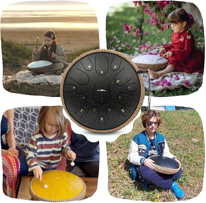 The Balmy Drum - 15 Note 14 Inch Steel Tongue Drum, Steel Drum Instrument, Drums For Children and Adults, Balmy Drum Set for Kids with Music Book, Handpan, Mallet and Carry Bag (Black)