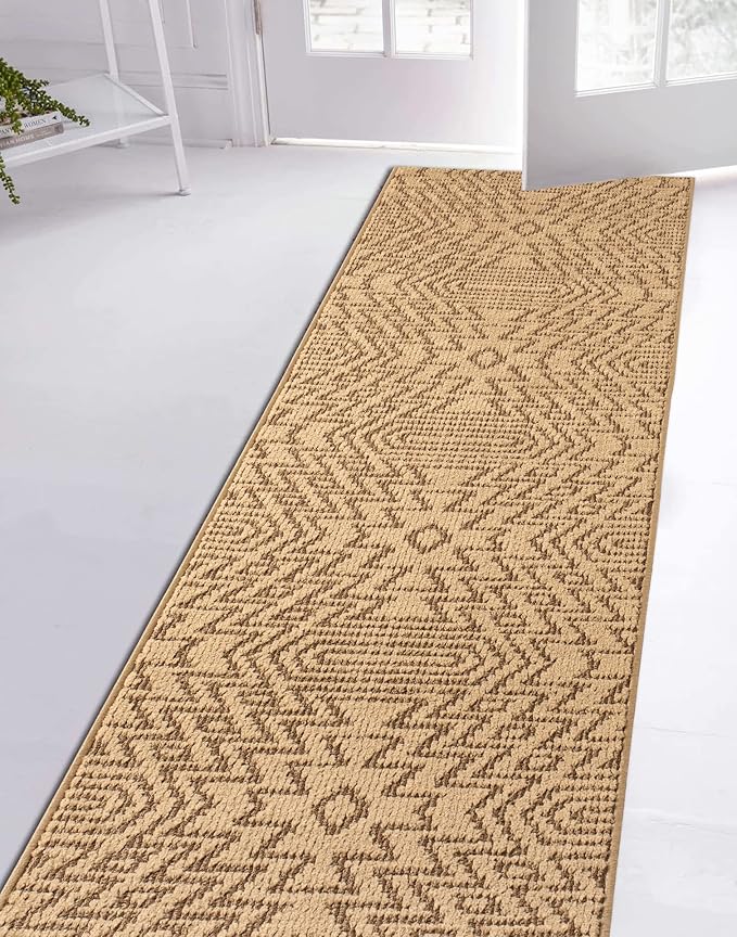 Custom Length Cut to Size Tribal Ethnic Southwestern Inspired Hallway Runner Rug, Non Slip Rubber Backed, 31 inch Wide X Customized Length, Inca Tan, 31 inch X 20 feet