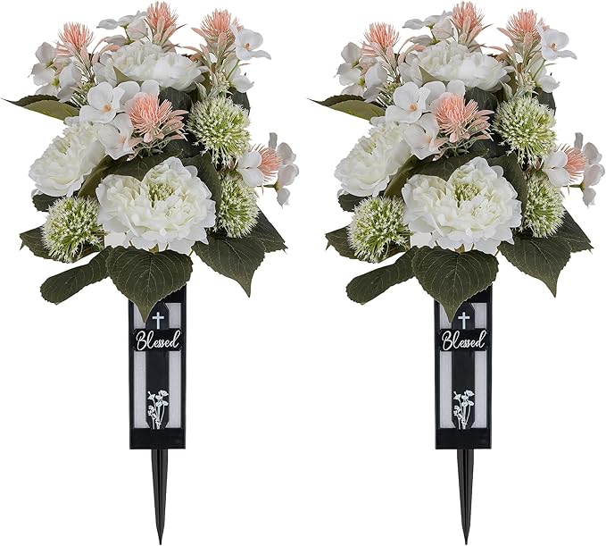 White Artificial Flowers for Cemetery: 2 Pcs Peony Grave Flower Bouquets for Cemetery Decorations - Outdoor Gravesite Flowers with Vase