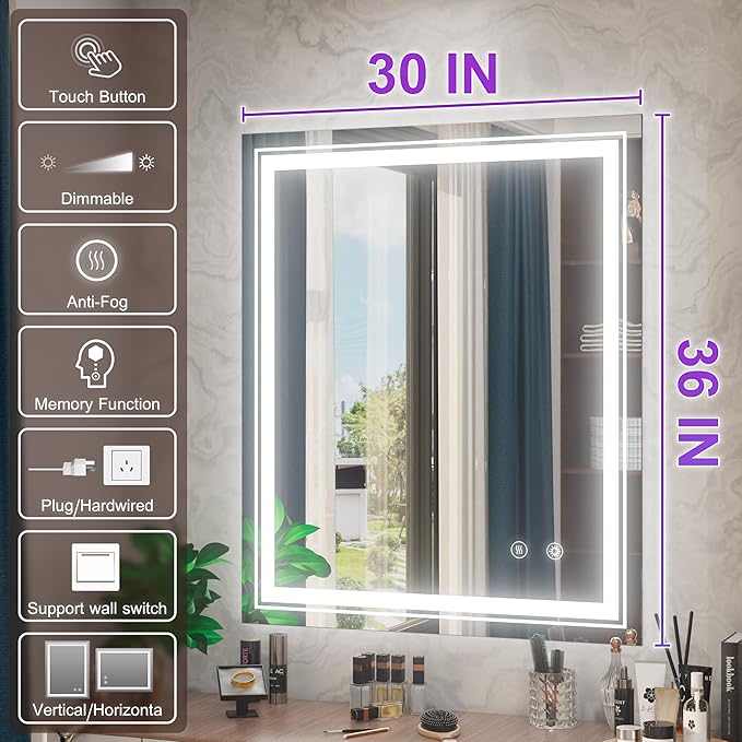 30 x 36 Inch LED Mirror for Bathroom with Lights, Frameless Lighted Bathroom Vanity Mirrors, Stepless Dimmable, Anti-Fog, Memory Funtion, Wall Mounted, Horizontal/Vertical