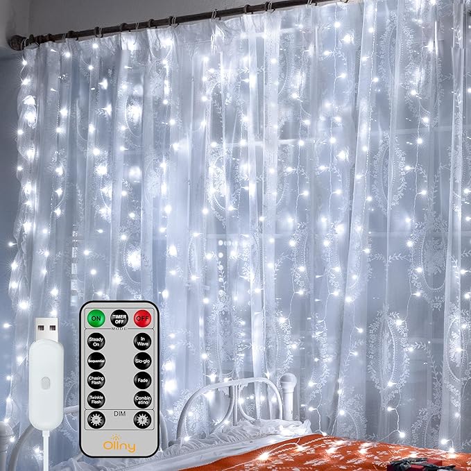 Ollny Curtain Lights 6.6x6.6ft, 200 LED White Christmas Lights with Remote 8 Modes Dimmable Timer, USB Power String Light for Bedroom Backdrop Indoor Window Wedding Decorations