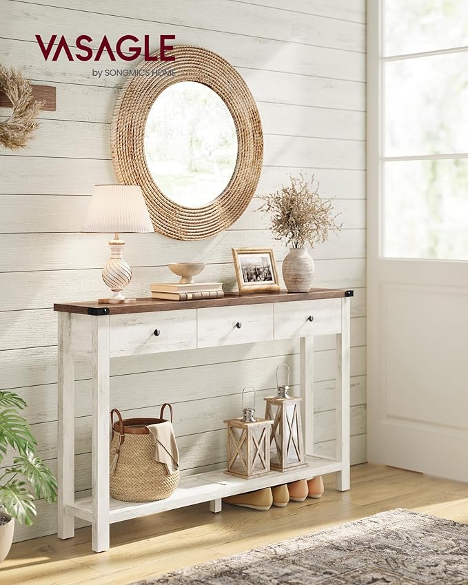 VASAGLE Console Table, Sofa Table, Narrow Entryway Table, Entry Table with 3 Drawers, Open Storage Shelf, Metal Corners, for Living Room, Farmhouse Style, Honey Brown and Rustic White ULNT142WJ02S